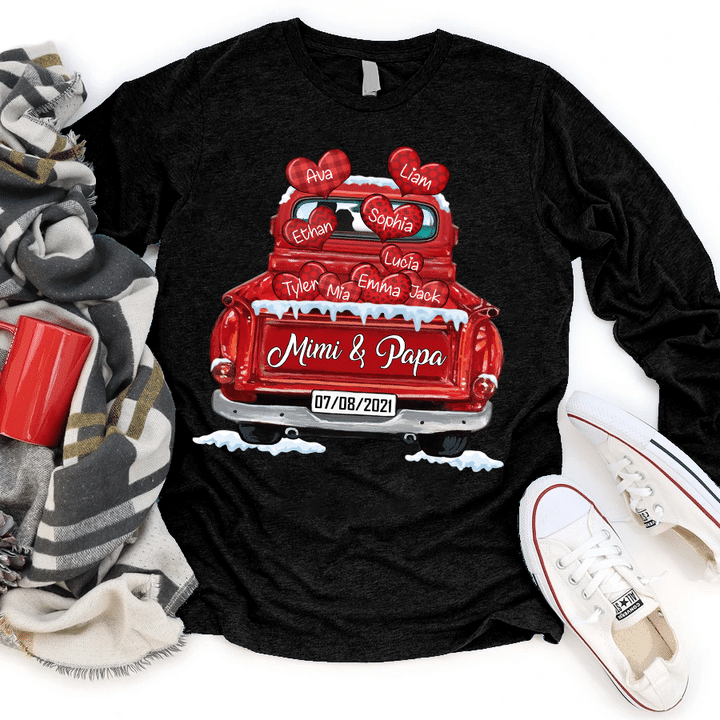 Mimi And Papa With Grandkids Name Here - Christmas | Personalized Long Sleeve Shirt