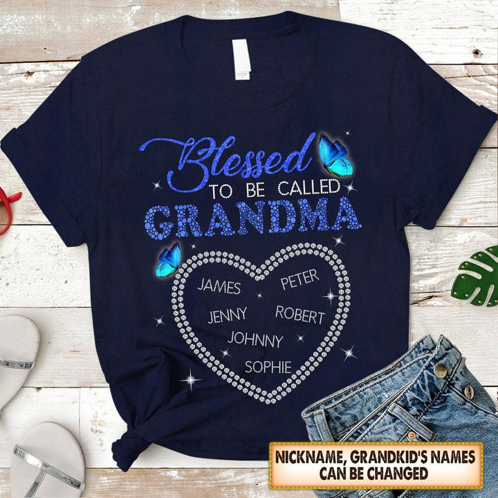 Blessed To Be Called Grandma Heart Rhinestone Printed Personalized Shirt For Grandma
