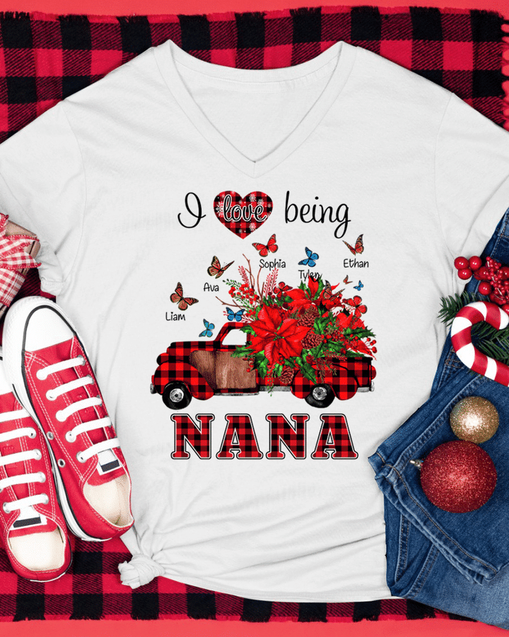 I Love Being Nana Truck Flower - Christmas | Personalized V-Neck Shirt