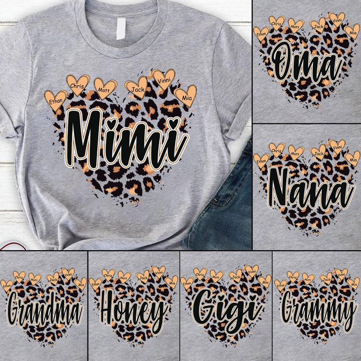 Personalized Mimi Heart With Grandkids Leopard