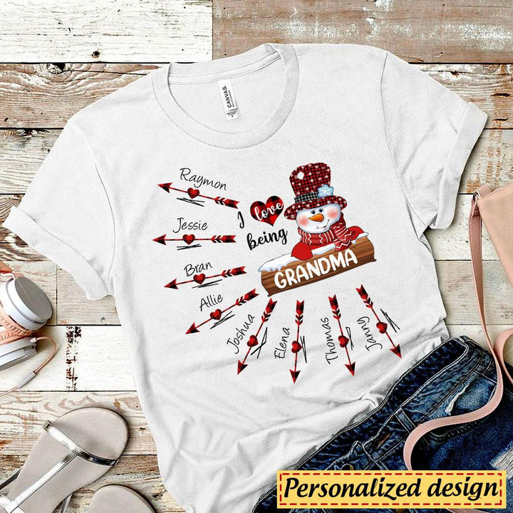 I Love Being Grandma Snowman with Arrows Personalized T-Shirt
