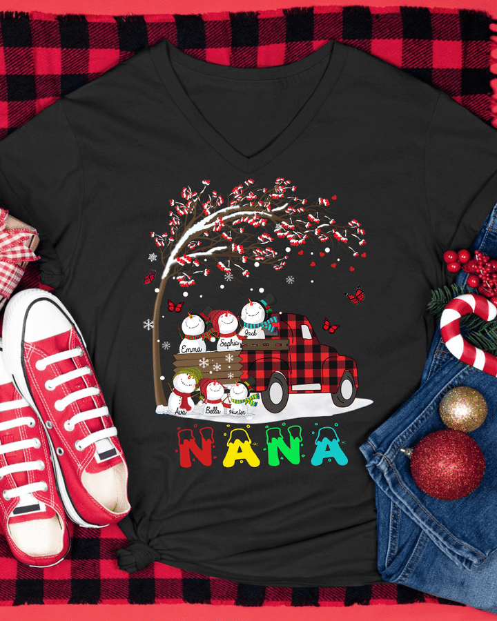 Grandma With Grandkids Snowman Christmas Shirt | Personalized V-Neck Shirt