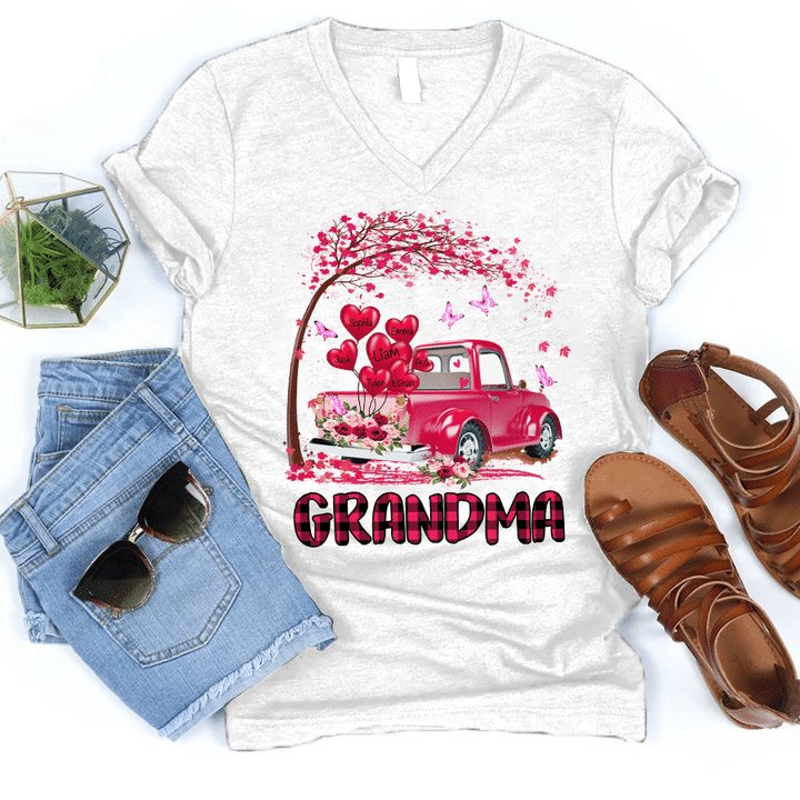 Grandma With Grandkids - Truck Love | Personalized V-Neck Shirt