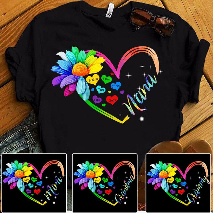 Nana Flower Heart And Grandkids | Personalized T-Shirt