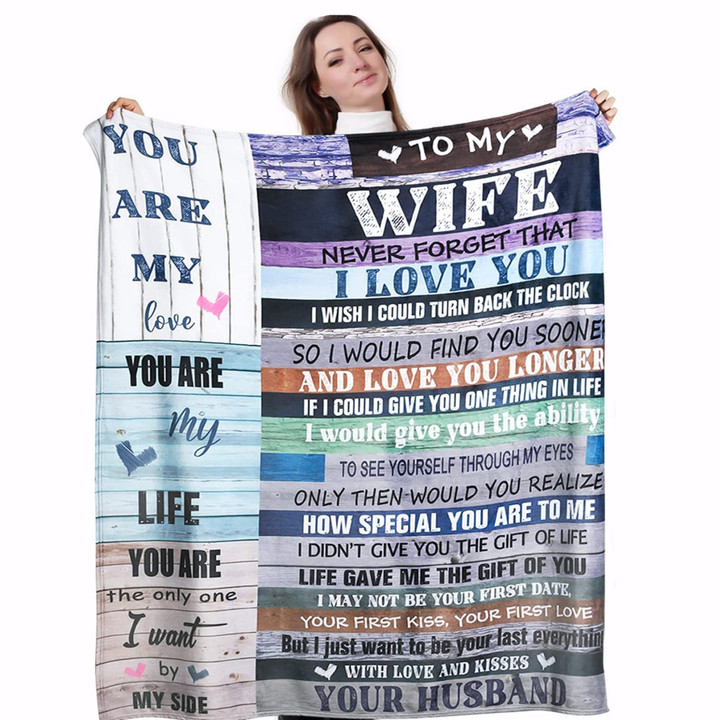 To My Wife - Never Forget That I Love You From Husband, Anniversary Blanket, Gift for Her Wife Birthday Gifts from Husband Romantic Present Valentines Day