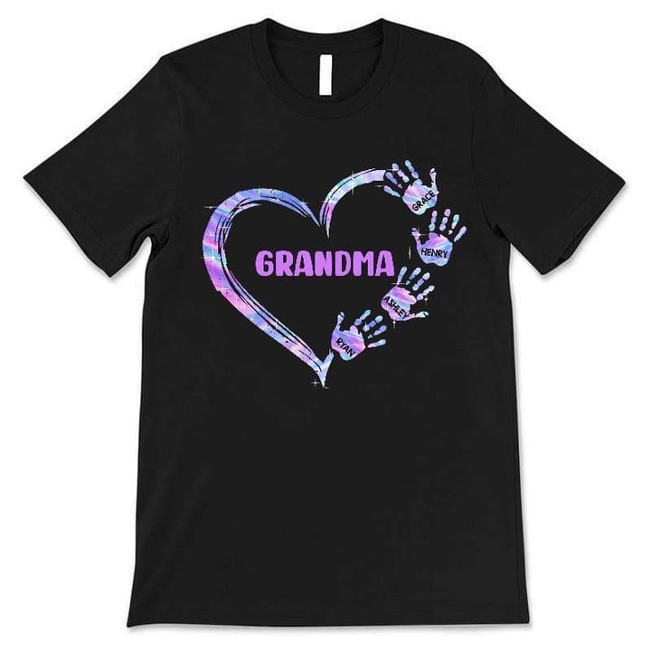 Mom Grandma Colorful Heart Hand Print Personalized Shirt