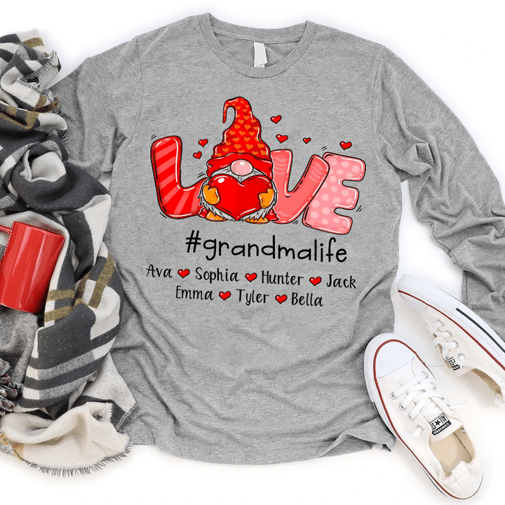 Love Grandma Life Gnomes With Grandkids Hearts | Personalized Long Sleeve Shirt