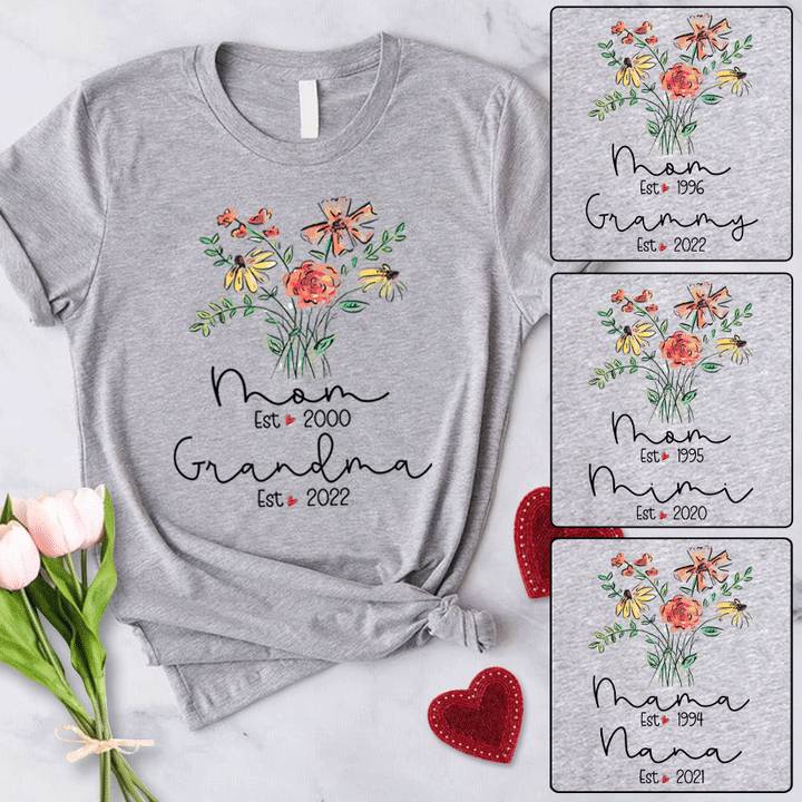 Personalized Mom Est Grandma Est Flower Art Shirt