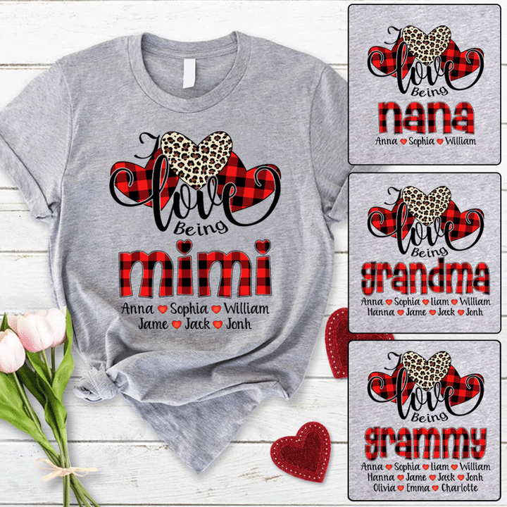 I Love Being Mimi With Kids Name Red Heart Personalized Shirt