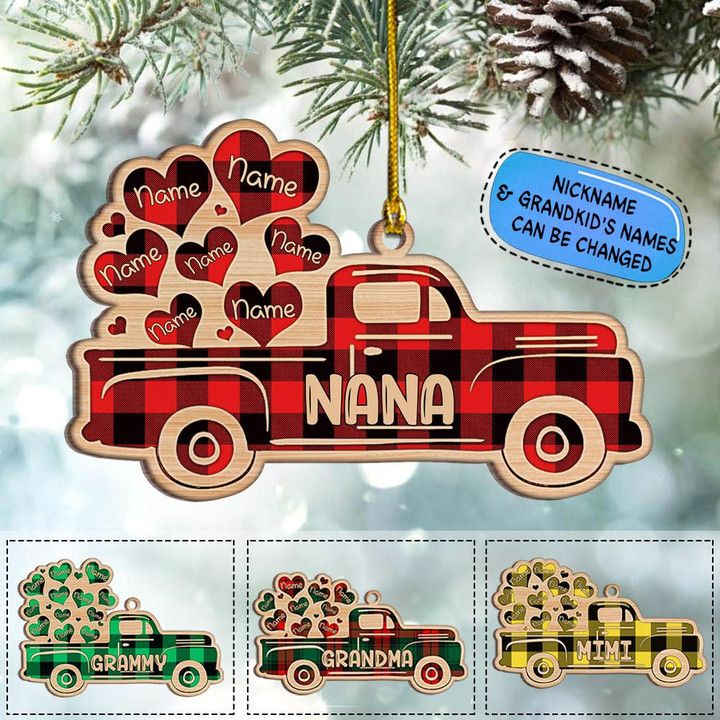 Red Truck With Flying Heart Christmas One Side Wood Ornament For Grandma, Made By Wood And One Side Print
