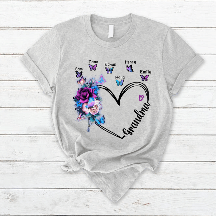 Grandma Flower Heart And Grandkids | Personalized T-Shirt