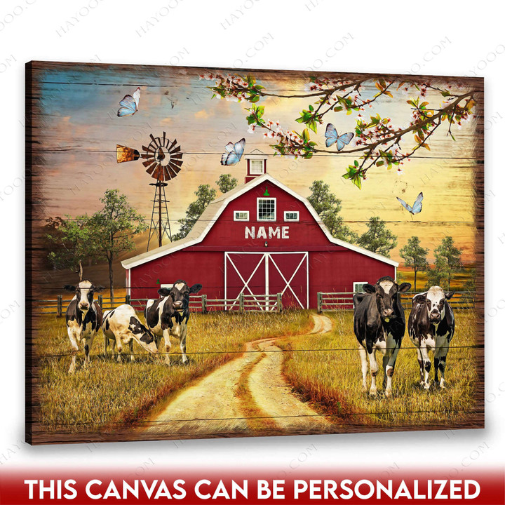 Personalized Canvas Beautiful Spring Barn With Cute Cows Wall Art For Farmhouse Decor