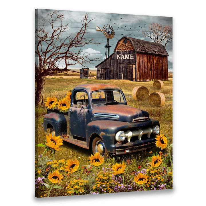 Personalized Country Canvas With Rustic Pickup Truck And Flower Barn Wall Art For Farmhouse Decor