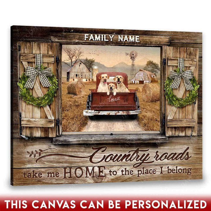 Personalized Canvas Pickup Truck Through Faux Window Country Roads Take Me Home