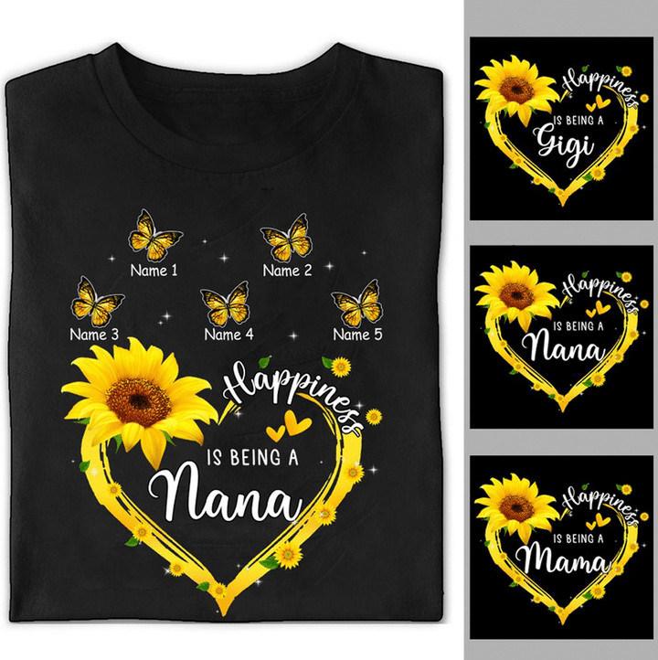 Happiness Is Being A Nana Sunflower Butterfly Heart | Personalized T-Shirt