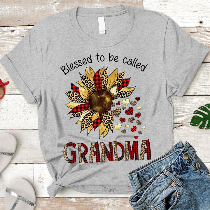 Blessed To Be Called Grandma Leopard Red Plaid Sunflower Personalized Shirt For Grandma