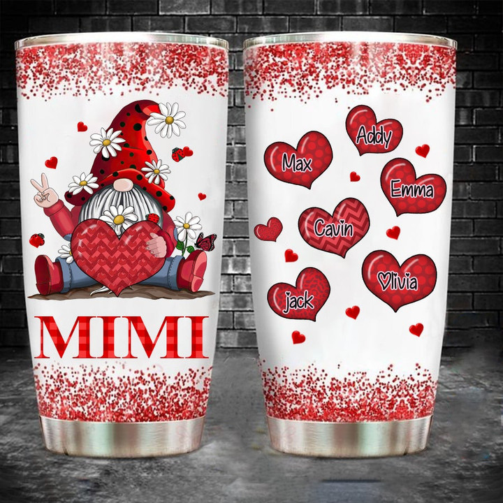 Mimi Gnome valentine tumbler, Personalized Mimi and Grandkids name heart Gnome , grandma valentine's day gift | Stainless Steel Tumbler