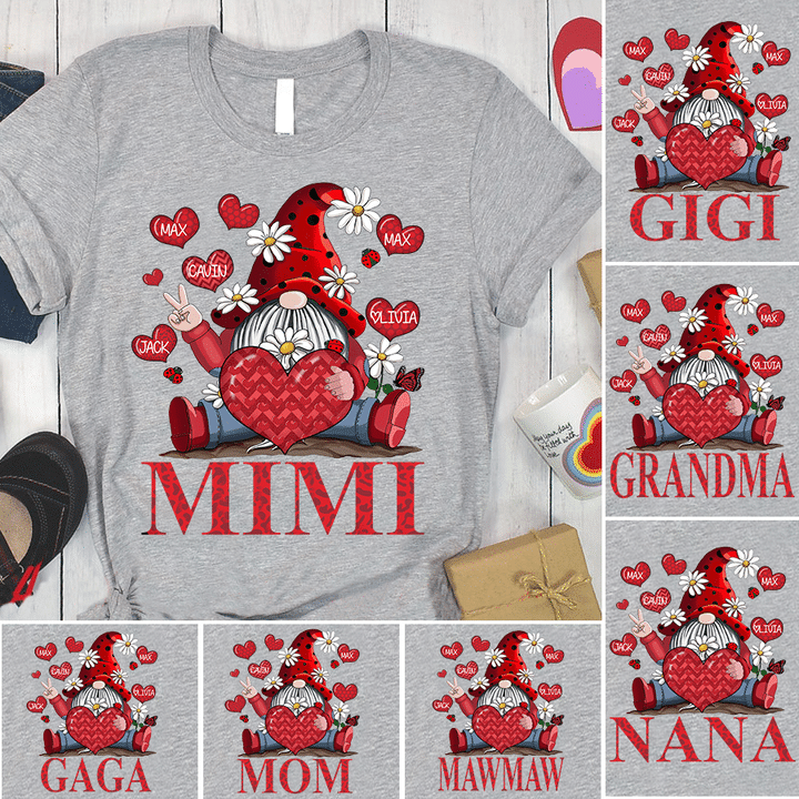 Personalized Grandma and Grandkids heart Gnome T-Shirt