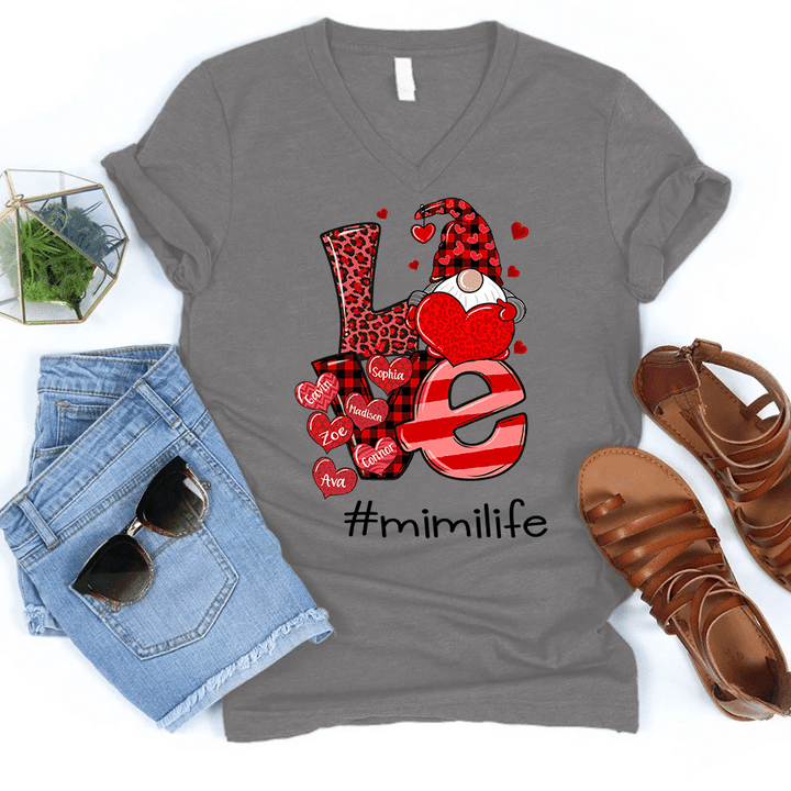 Love Mimi Life With Grandkids Names - Gnomes Heart | Personalized V-Neck Shirt