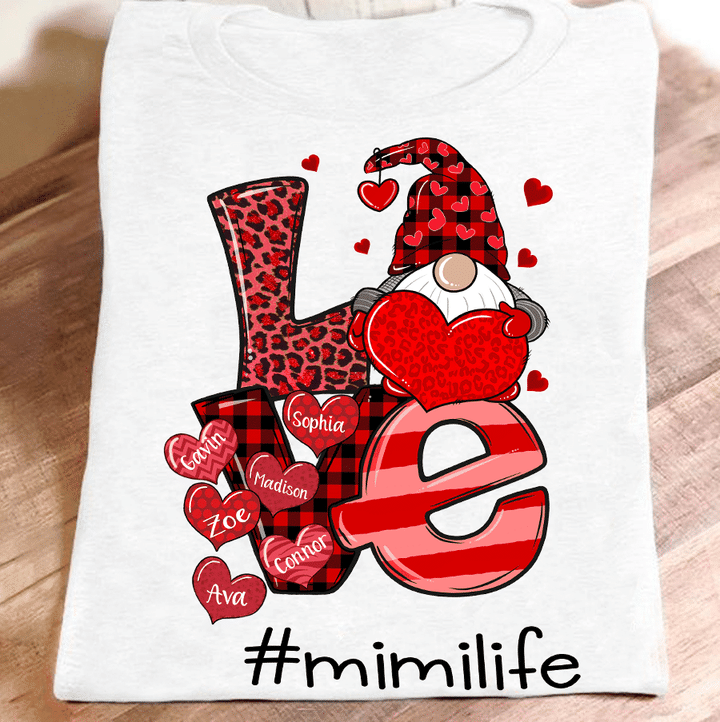 Love Mimi Life With Grandkids Names - Gnomes Heart | Personalized T-Shirt