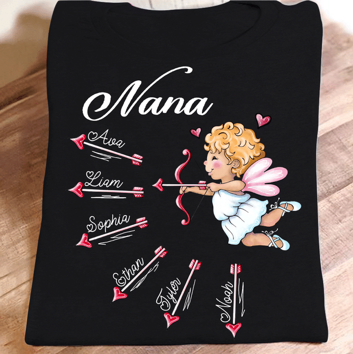Nana Cupid With Grandkids Names - Valentine | Personalized T-Shirt