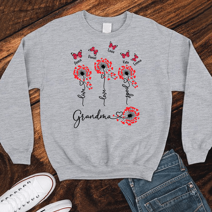 Live Love Spoil Grandma With Grandkids Names - Flower Heart | Personalized Sweatshirts