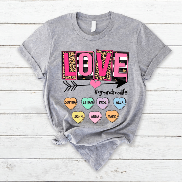 Valentines Love Shirt Personalized Grandma Heart Grandkids Names T-Shirt