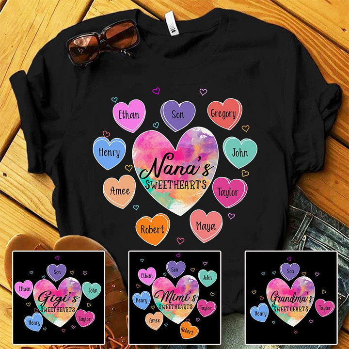 Personalized Nana's Sweethearts Candy Hearts Kids Names T-Shirt