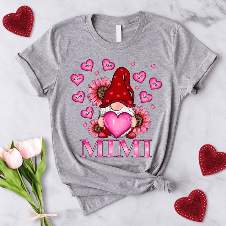 Personalized Mimi With Grandkids Gnome Pink Heart Valentines Day T-Shirt