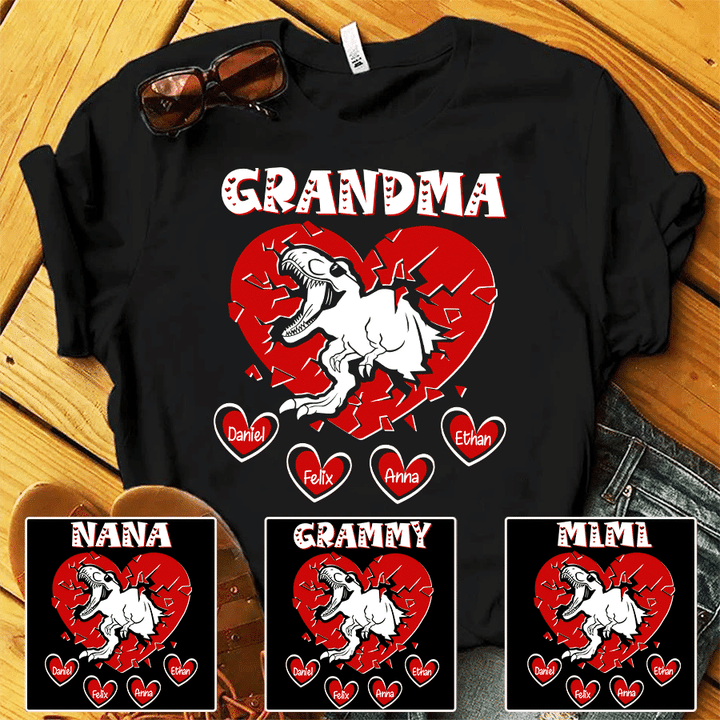 Personalized Grandmasaurus with Grandkids Heart Valentine Day T-Shirt