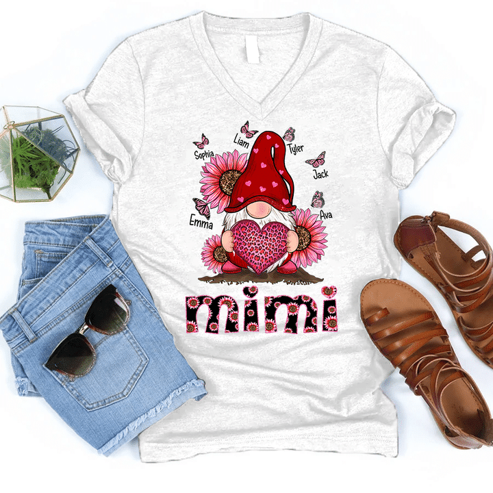 Mimi With Grandkids Names - Gnomes Flower | Personalized V-Neck Shirt