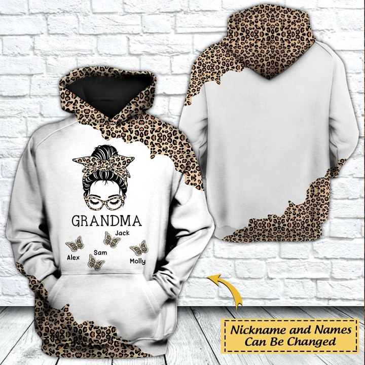 Personalized Grandma Mom Bun Hair Butterfly Leopard Design Hoodie