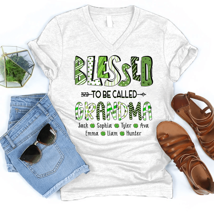 Blessed to be called Grandma With Grandkids Names | Personalized V-Neck Shirt