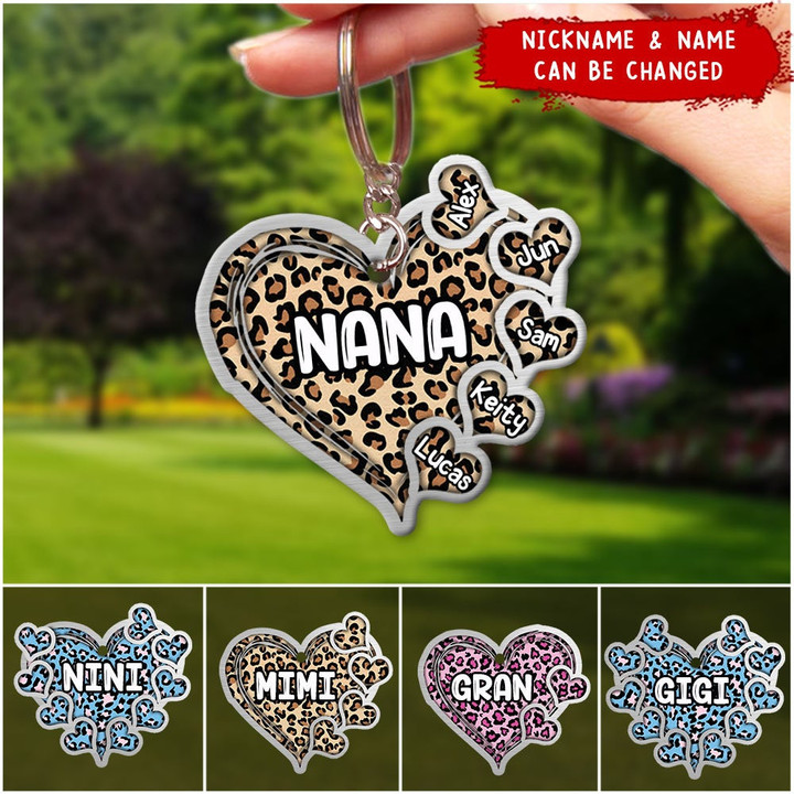 Nana Heart Panther Pattern Custom Nickname, Kid's Name Gift For Grandma Acrylic Keychain