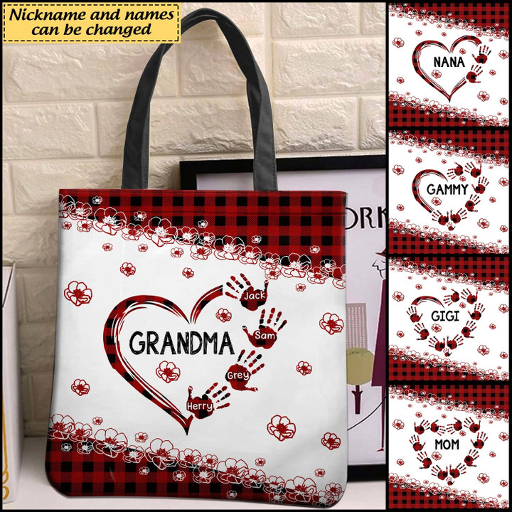 Grandma Mom Heart Hand Prints Custom Names Mother's Day Cute Gift Plaid Pattern Floral Tote Bag