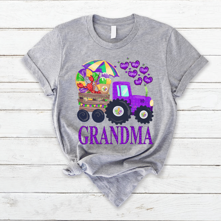 Personalized Grandma And Grandkids Hearts Tractor Gift Mardi Gras T-Shirt