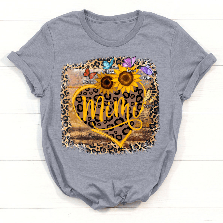 Personalized Grandma Heart Leopard Sunflower Custom Names T-Shirt