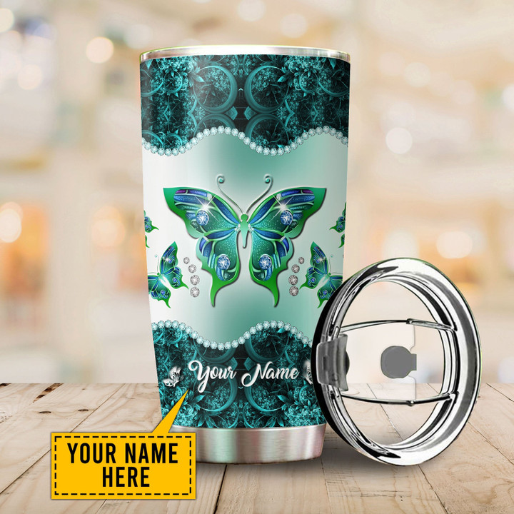 Custom Name Butterfly Turquoise Steel Stainless Tumbler