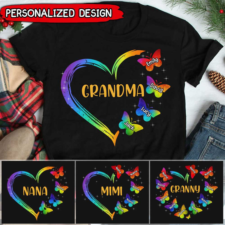Grandma Nana Mom Heart Butterfly Rainbow | Personalized T-Shirt