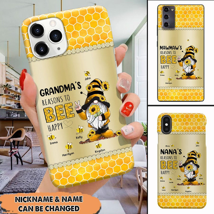 Grandma Mom Reasons To BEE Happy Gnome Custom Names Mother's Day Gift Glass Phone case