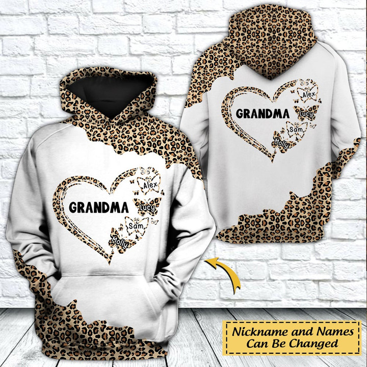 Personalized Grandma Mom Butterfly Heart Leopard Design Hoodie 3D