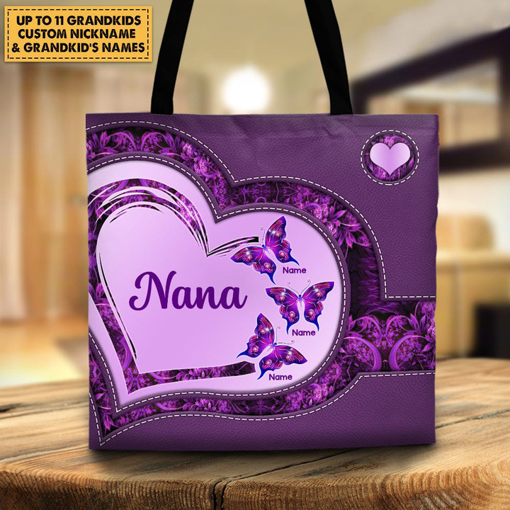 Grandma Heart Violet Butterflies Printed Pattern Personalized Tote Bag For Grandma