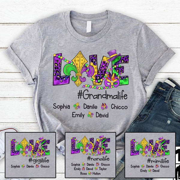 Personalized love grandma life and grandkids mardi gras T-Shirt