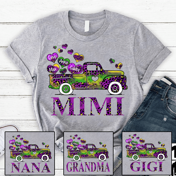 Personalized Grandma and grandkids truck mardi gras heart T-Shirt