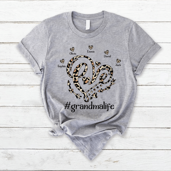 Personalized Leopard Heart Custom Names Grandma Life T-Shirt
