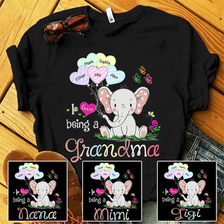 Personalized I Love Being A Grandma Elephant Hearts T-Shirt