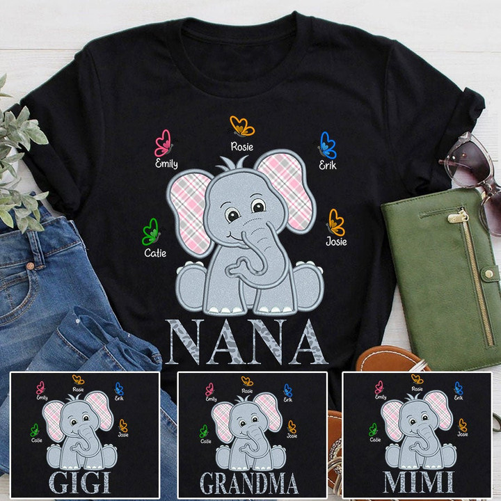 Personalized Nana And Grandkids Elephant Butterfly T-Shirt