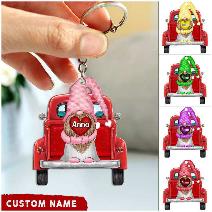 Gnome and Red Truck Personalized Color and Name Acrylic Keychain
