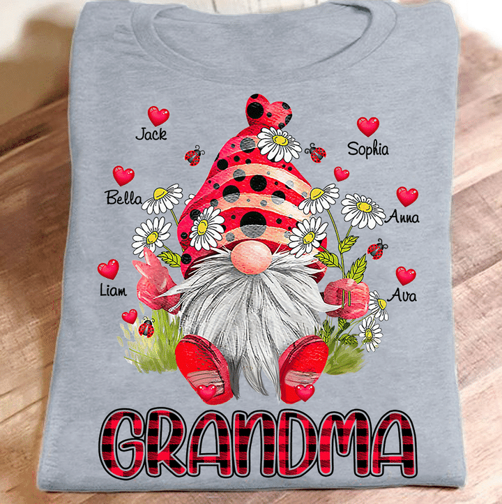 Grandma Gnomes With Grandkids Names Hearts | Personalized T-Shirt