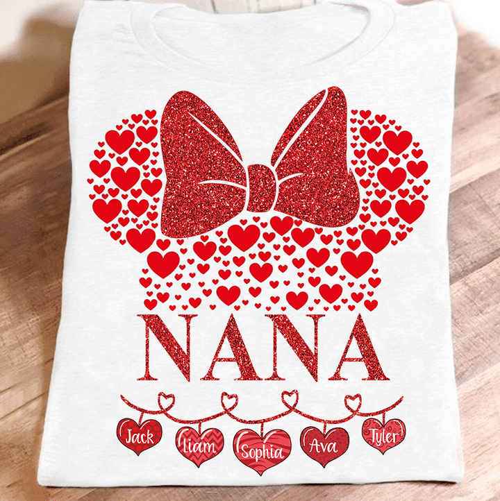 Nana With Grandkids Names Hearts - Valentine Art | Personalized T-Shirt